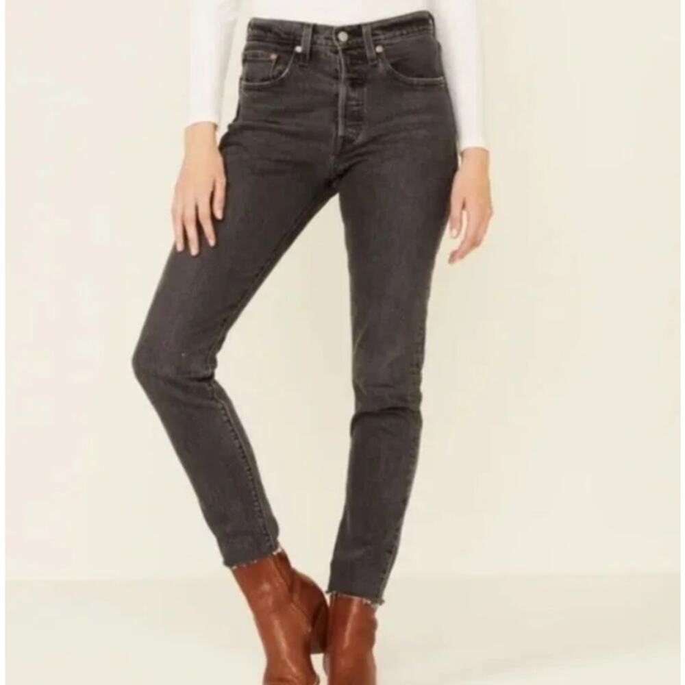 LEVI'S Women's 501 Raw Hem Button Fly Jeans Size 24 Charcoal Grey Stretch Denim